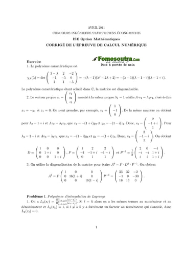 Corrigé Calcul numérique ISE option maths 2011 (ENSEA - ISSEA - ENSAE)