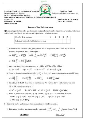 DEVOIR DE MATHS 3ième LYCEE DE BOROMO Burkina 2024 BY TEHUA