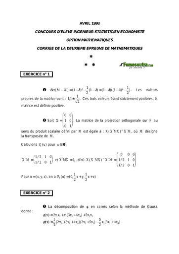 Corrigé 2ème épreuve de maths ISE option maths 1998 (ENSEA - ENSAE - ISSEA)