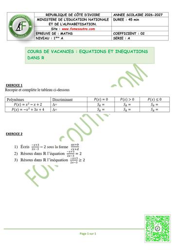 FICHE 2 MATHS 1ière A EQUATIONS ET INEQUATIONS DANS R BY TEHUA