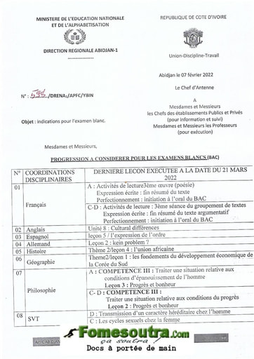 Progression à considérer pour les examens blancs (BAC) – Direction Régionale Abidjan-1