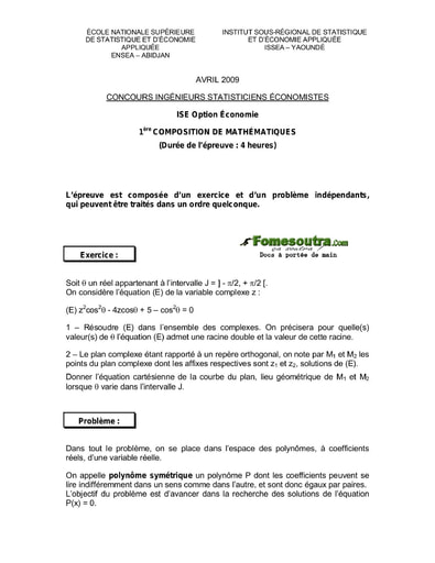 Sujet 1ère épreuve de maths ISE option économie 2009 (ENSEA - ISSEA)