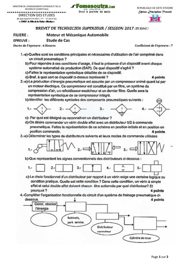 Etude de cas BTS blanc 2017 - Filières Moteur et Mécanique Automobile