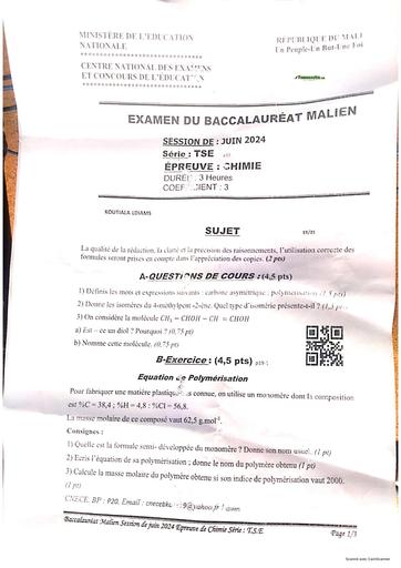 Sujet Chimie Tle SE Bac 2024 Mali BY TEHUA