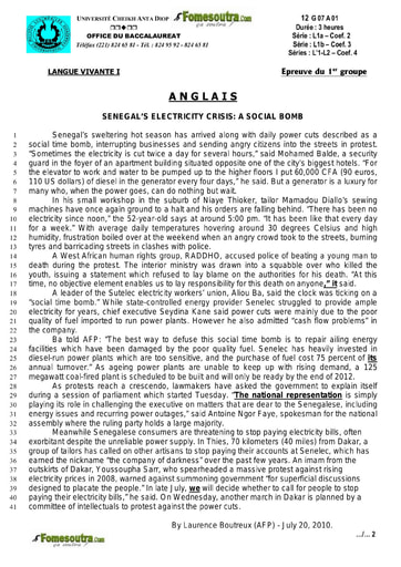 Sujet d'Anglais BAC L1 L2 2012 - Sénégal