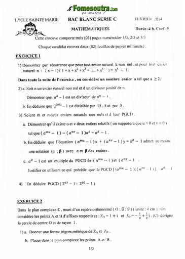 Sujet de Maths BAC blanc 2014 série C Lycée Sainte Marie de Cocody