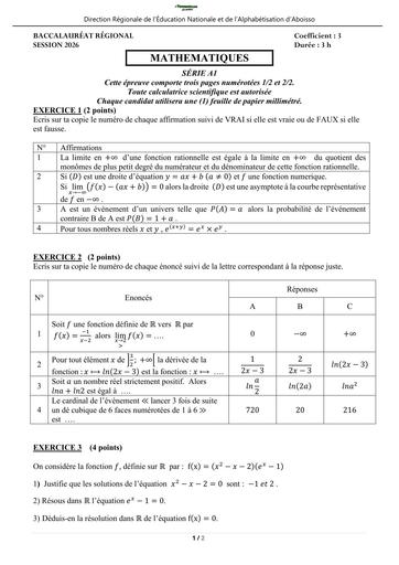 BAC BLANC 2026 DRENA ABOISSO SUJET MATHS SERIE A1 (SUJET) by TEHUA