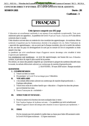 Sujet de Français - Concours CAFOP (Instituteur Adjoint) session 2021