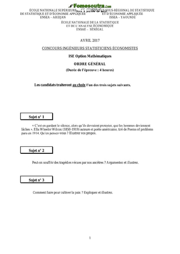 Sujet d'ordre générale ISE option maths 2017 (ENSEA - ISSEA - ENSAE)