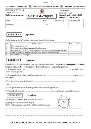 DEVOIR DE NIVEAU MATHS 5ième TRIMESTRE 3 SAINTE MOISE 2022 BY TEHUA