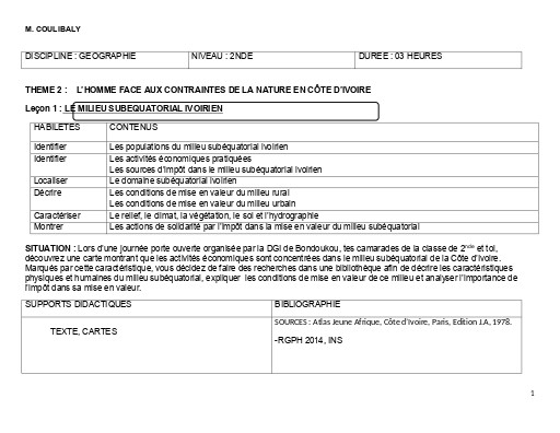 TH2 G4 2nde LE MILIEU SUBEQUATORIAL IVOIRIEN