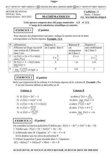 DEVOIR DE NIVEAU MATHS Tle A2 TRIMESTRE 3 BOCABO BY TEHUA