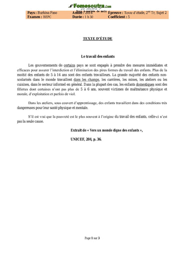 Sujet d'Etude de texte BEPC 2014 - Burkina Faso