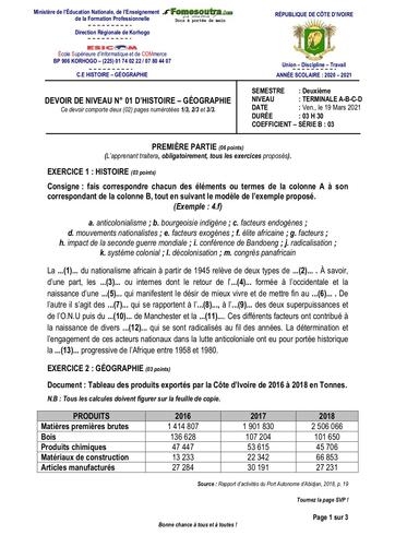 Devoir Histoire-Géographie Terminale D  2021-2022