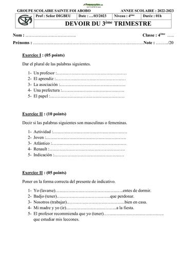 Devoir d'Espagnol Niveau 4 ième Collège Sainte Foi 2022-2023