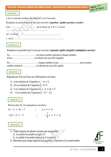 Fiche Travaux dirigés 4ième EQUATIONS ET INEQUATIONS DANS Q by TEHUA