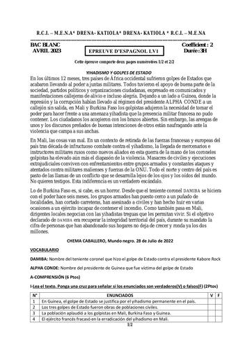 EPREUVE D'ESPAGNOL LV1 BACCALAUREAT BLANC REGIONAL REGION DE KATIOLA