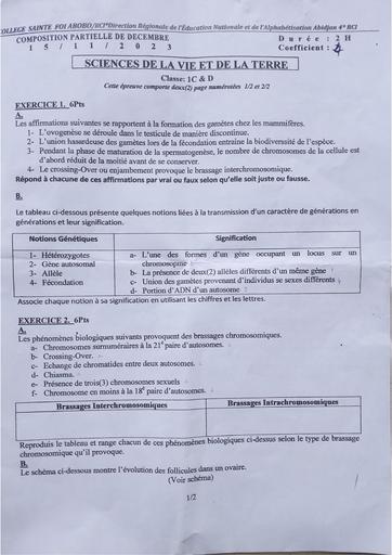 Partielle de décembre 2023 SVT 1iere D sainte foi Abobo by Tehua