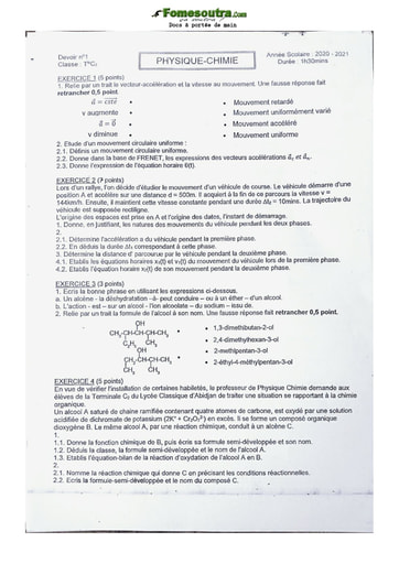 Devoir (2) de Physique-Chimie niveau Terminale C - Lycée Classique d'Abidjan