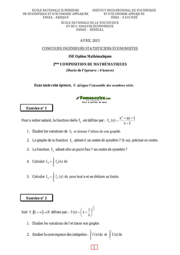Sujet et Corrigé 2ème épreuve de maths ISE option maths 2015 (ENSEA - ISSEA - ENSAE)