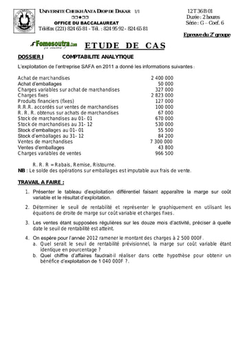 Sujet Etude de cas Comptabilité BAC G 2013 (2) du Sénégal