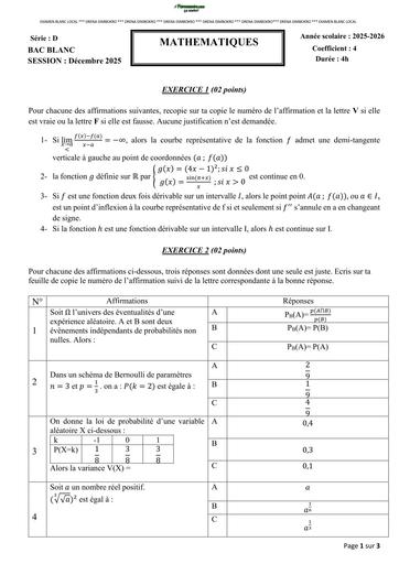 EXAMEN BLANC LOCAL BAC 2026 MATHS Tle D DREN DIMBOKRO BY TEHUA