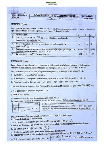 Sujets de Mathématique série C Lycée Classique d'Abidjan 2023