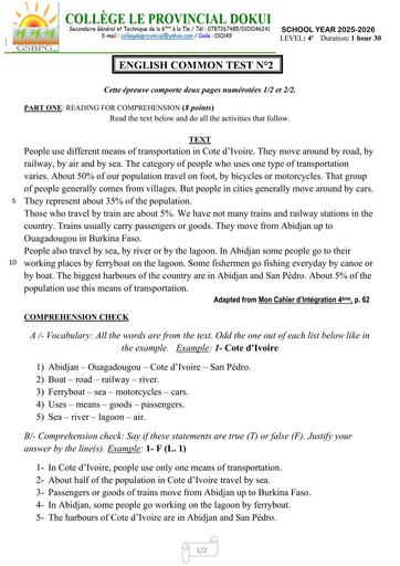 ENGLISH TEST 4ième DEVOIR COMMUN 2 UNITE 3 PROVINCIAL