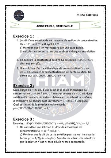 FICHE DE TD ACIDE FAIBLE, BASE FAIBLE ET CONSTANTE D'ACIDITÉ (THIAM SCIENCES)  by TEHUA