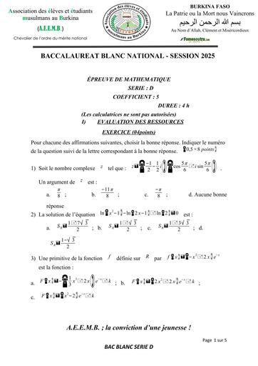 BAC BLANC 2025 SERIE D  Sujet MATH BURKINA FASO BY TEHUA