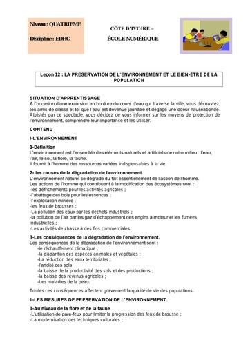 EDHC 4ème L 12 LA PRESERVATION DE L’ENVIRONNEMENT ET LE BIEN ËTRE DE LA POPULATION