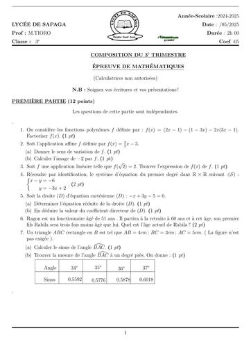 SUJET DE MATHS 3ième TRIMESTRE 3 2025 LYCEE DE SAPAGA BY TEHUA
