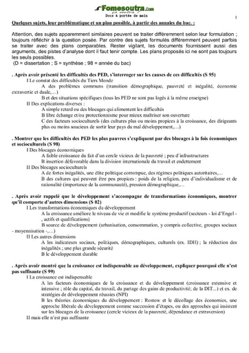 Quelques sujets de dissertation et de synthèse, leur problématiques et un plan possible - Niveau Terminale