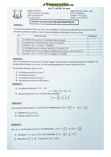 Devoir de MATH Première D Lycée Classique d'Abidjan 2020/2021