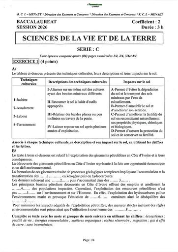 BAC 2026 SVT série C sujet+barème Ci By TEHUA