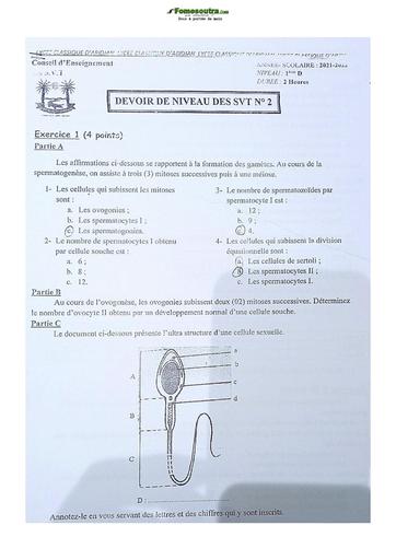 Sujet de SVT niveau Première D 2021-2022