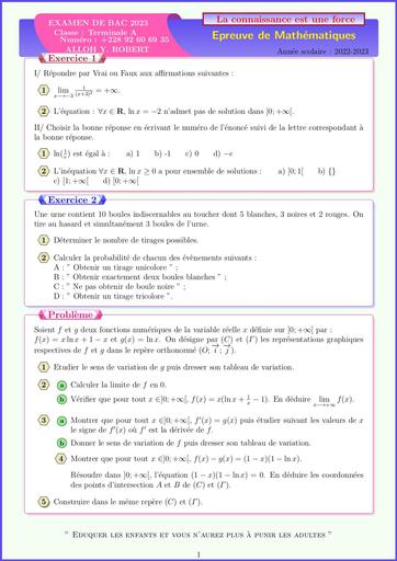 MATHS BAC A 2023 TOGO