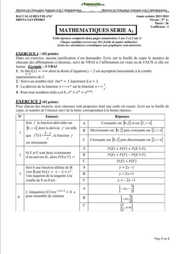Bac blanc 2025 san pedro Maths serie A1 by TEHUA