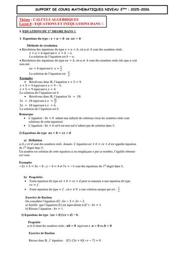 2 SUPPORT DE COURS MATHS 3ième Leçon 8 EQUATIONS ET INEQUATIONS DANS ℝ