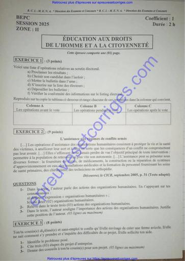 Preuve d’Éducation aux Droits de l’Homme et à la Citoyenneté – BEPC 2025 – Zone 2 – Côte d’Ivoire