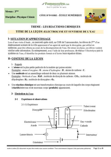 Électrolyse et Synthèse de l'eau - Chimie 3eme