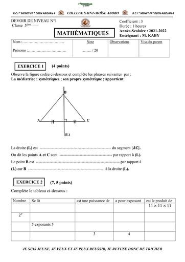 DEVOIR DE MATHS NIVEAU 5ième COLLEGE SAINTE MOISE ABOBO 2022 DEVOIR 1 BY TEHUA