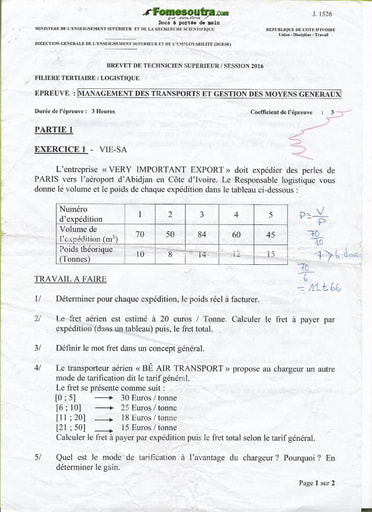 Sujet Management des Transports et Gestion des Moyens Généraux - BTS Logistique 2016