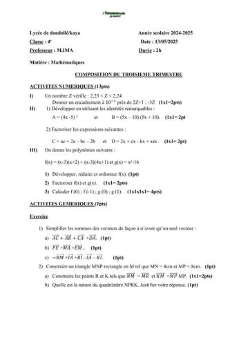 DEVOIR DE MATHS NIVEAU 4ième LYCEE DE DONDOLLE 2025 TRIMESTRE 3 BY TEHUA