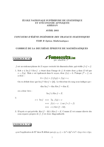 Corrigé 2ème épreuve de maths ITS B option Maths 2003 (ENSEA)