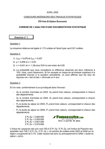 Corrigé Analyse d'une Documentation Statistique ITS B option Economie 2005 (ENSEA)