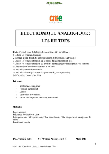 Cours d'électronique analogique filtrage