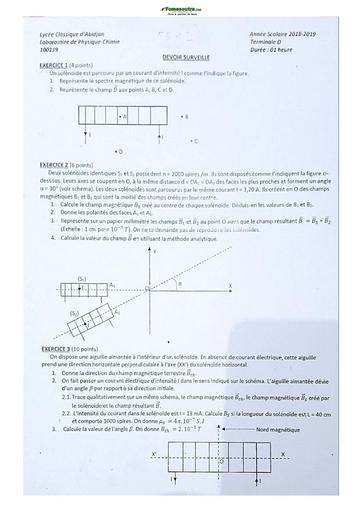 Sujet de Physique-Chimie Terminale D Lycée Classique Abidjan 2022