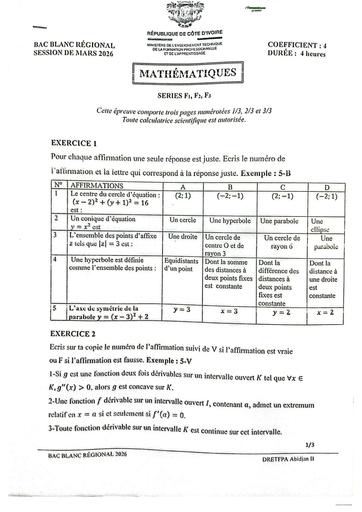BAC blanc MARS 2026 MATHS SERIE F1;F2 et F3 SUJET Drena By TEHUA