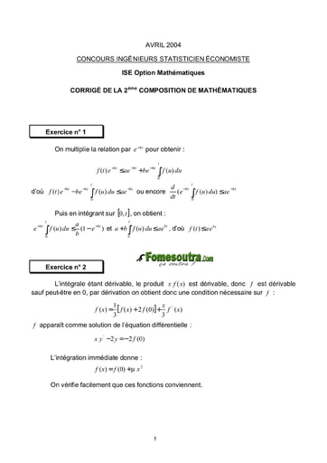 Corrigé 2ème épreuve de maths ISE option maths 2004 (ENSEA)